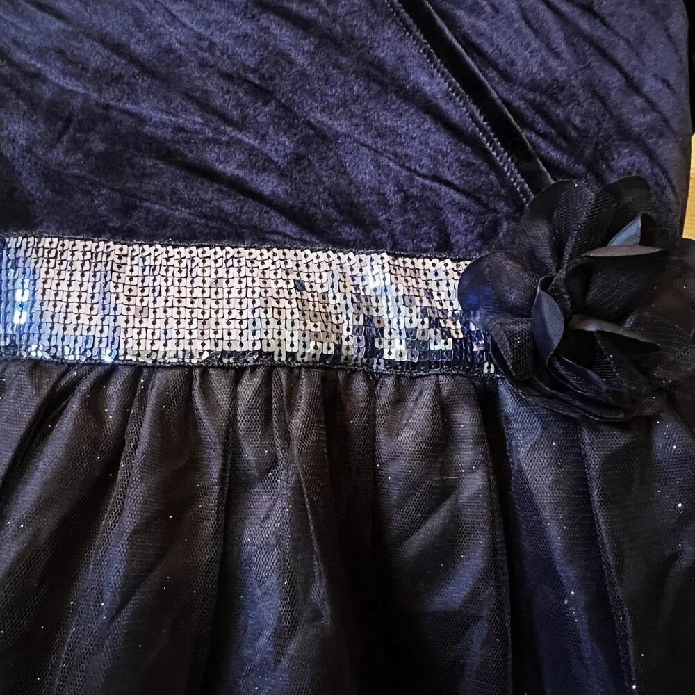 Childrens Place Girl Holiday Formal Wedding Dressy Blue Velveteen Tule Dress